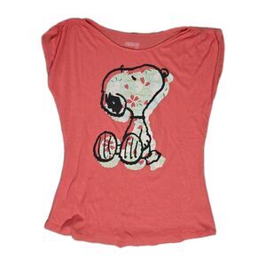 Peanuts Snoopy Coral Floral Graphic Cap Sleeve Top Cotton Modal Size S EUC